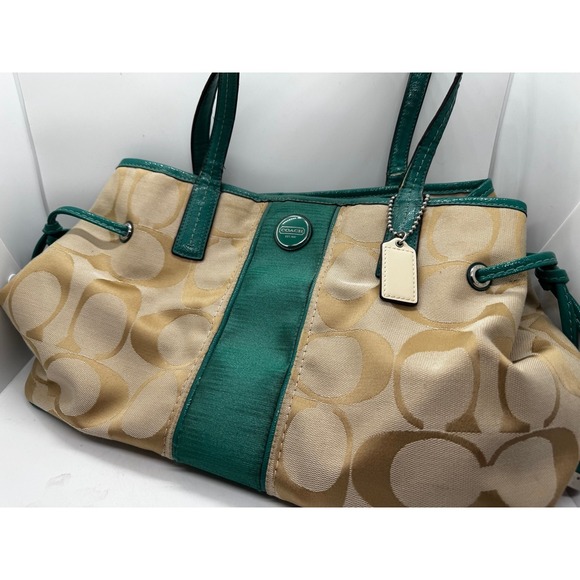 Coach Handbags - Coach F21949 Signature Stripe Carryall Khaki Jade Green Purse Near Mint